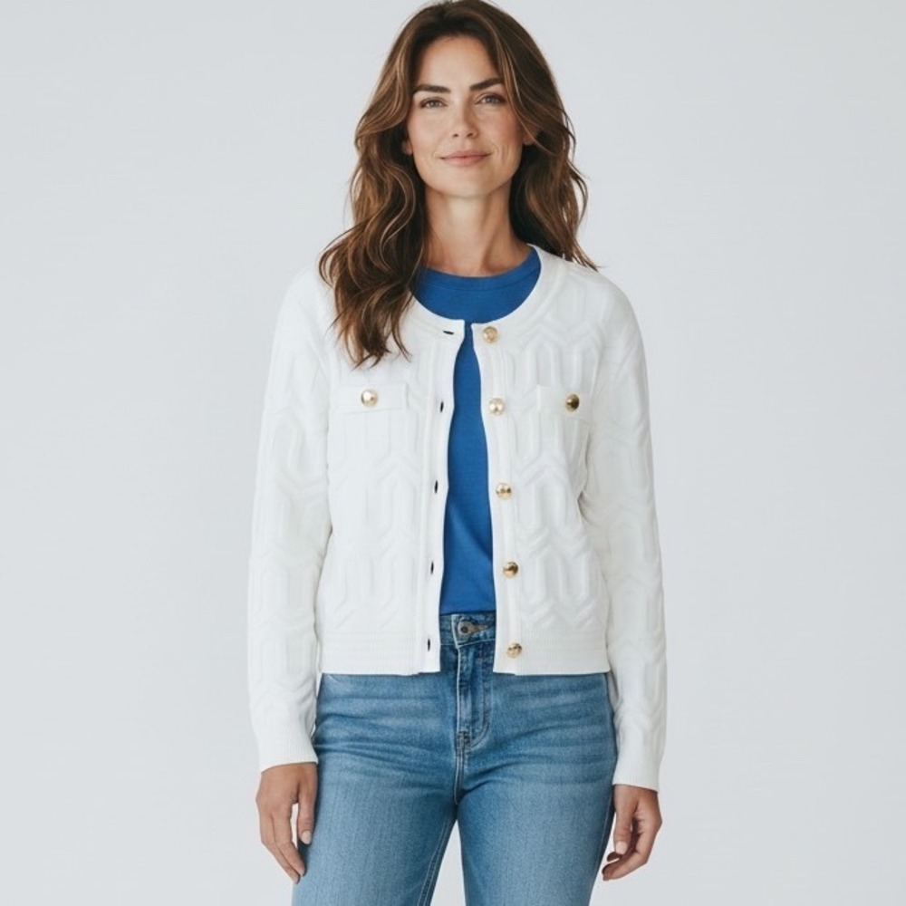 Lesley Evers White Geometric Jacquard Cardigan Gold Button Sweater Womens OneX